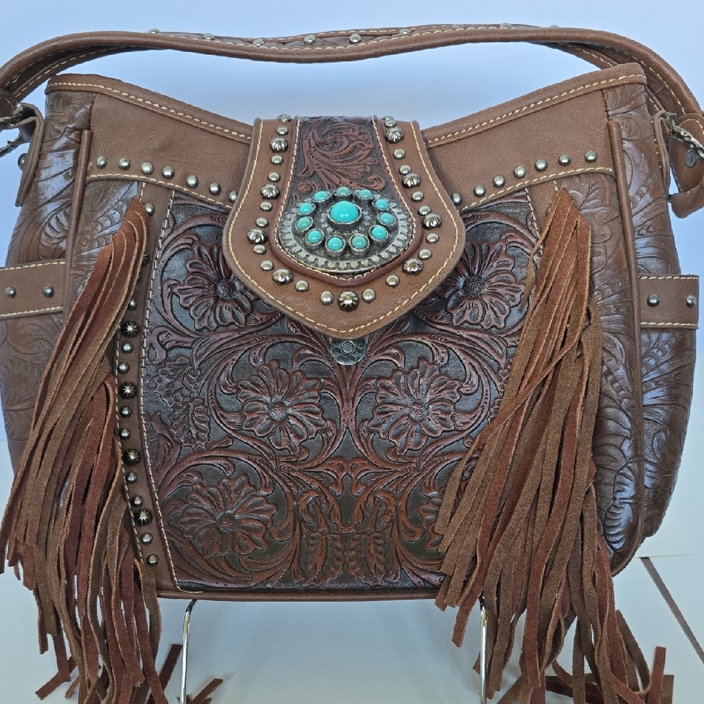 Elegant Brown Embossed Leather Shoulder Bag with Fringe